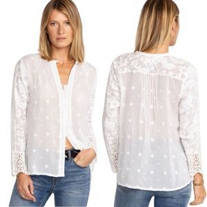 Johnny Was Winter Bunny Blouse White Eyelet Embroidered Sheer Feminine Large EUC